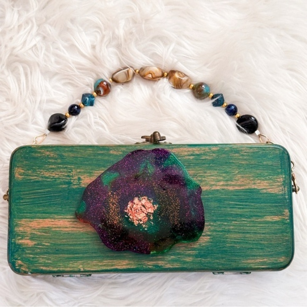 Unique Handcrafted Green and Purple Wooden Clutch